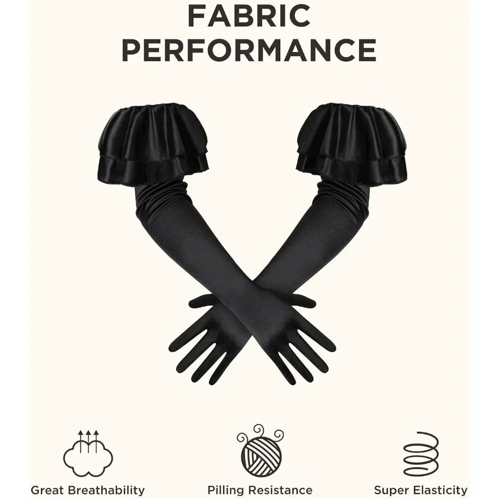 Women's Black Long Satin Ruffle Cuff Stretchy Sleeves Gloves Wedding Costume